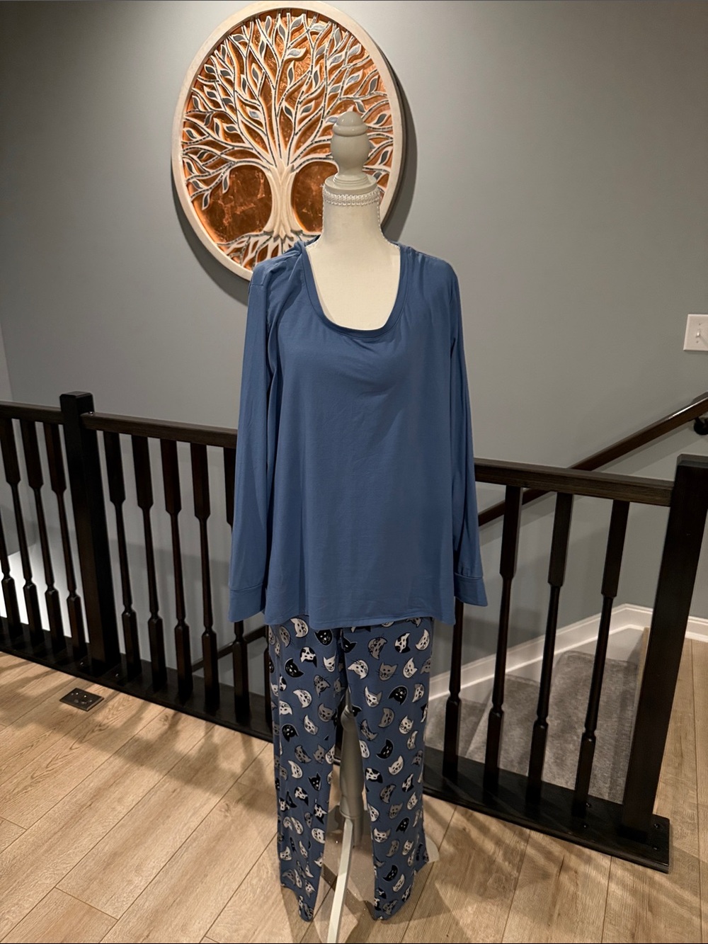 AnyBody Blue Long-Sleeve Scoop Neck Lounge Top with Cat-Print Pajama Pants